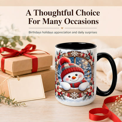 #pl[15oz|Black] Rustic Snowman Coffee Mug, Red Knit Snowman Mug, Ceramic Cup