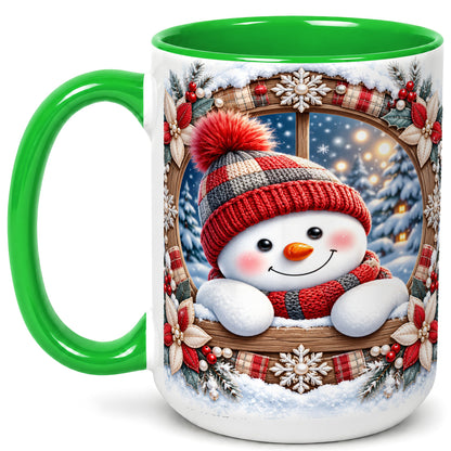 #pl[15oz|Green] Rustic Snowman Coffee Mug, Red Knit Snowman Mug, Ceramic Cup