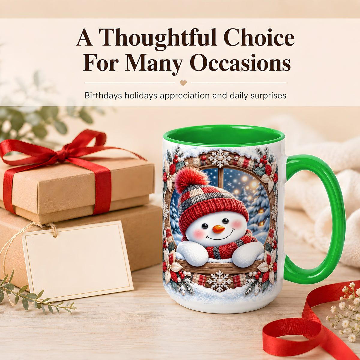 #pl[15oz|Green] Rustic Snowman Coffee Mug, Red Knit Snowman Mug, Ceramic Cup