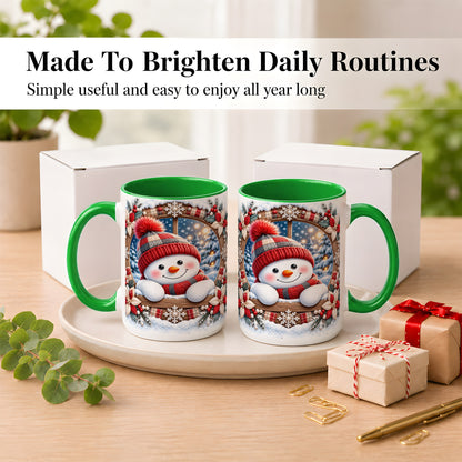 #pl[15oz|Green] Rustic Snowman Coffee Mug, Red Knit Snowman Mug, Ceramic Cup