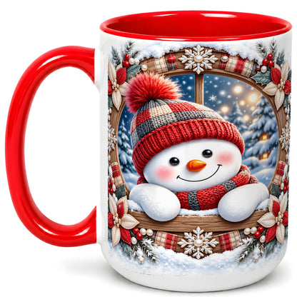 #pl[15oz|Red] Rustic Snowman Coffee Mug, Red Knit Snowman Mug, Ceramic Cup