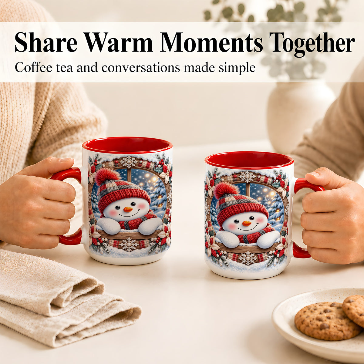 #pl[15oz|Red] Rustic Snowman Coffee Mug, Red Knit Snowman Mug, Ceramic Cup