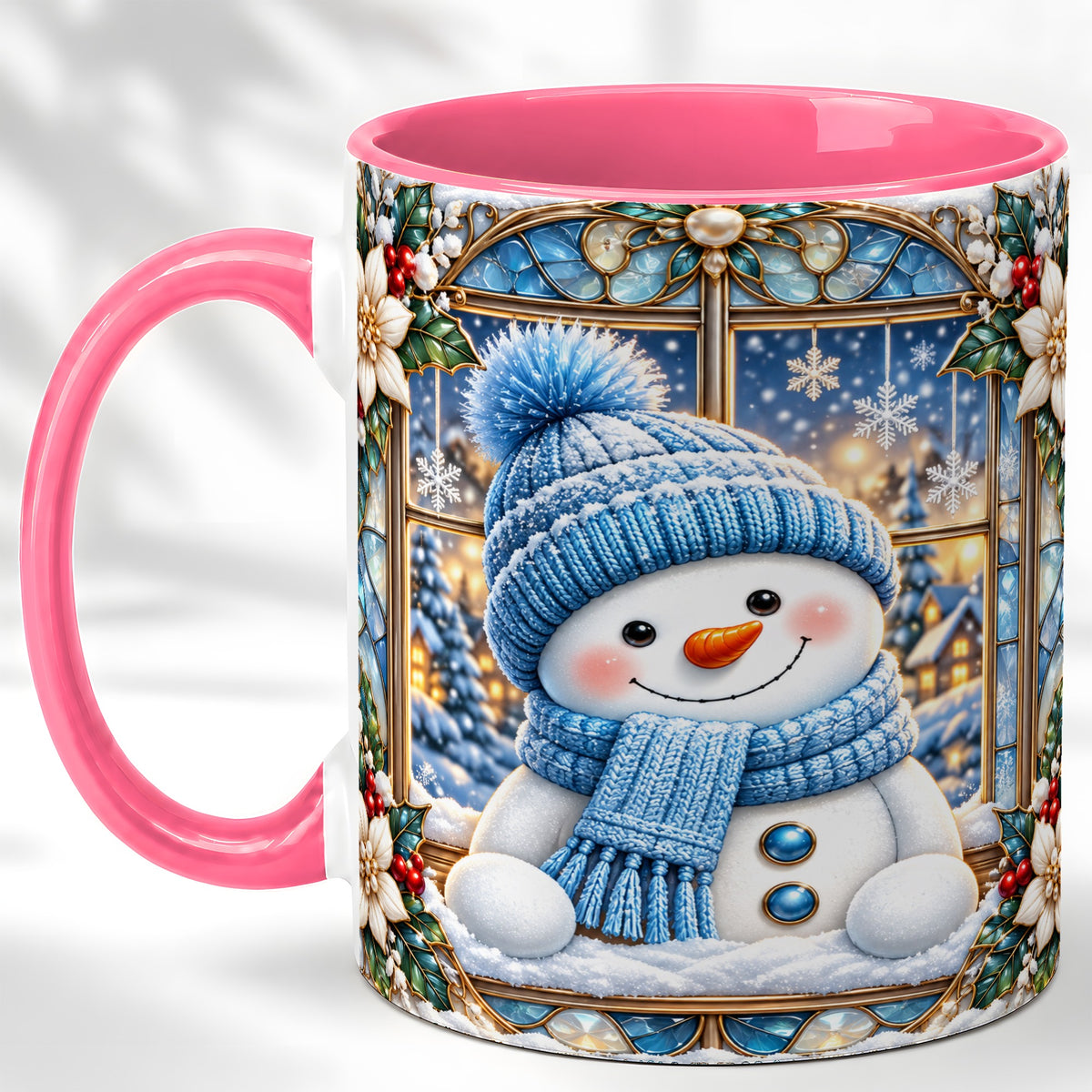 #pl[11oz|Pink] Blue Snowman Coffee Mug, Winter Holiday Mug, Ceramic Cup