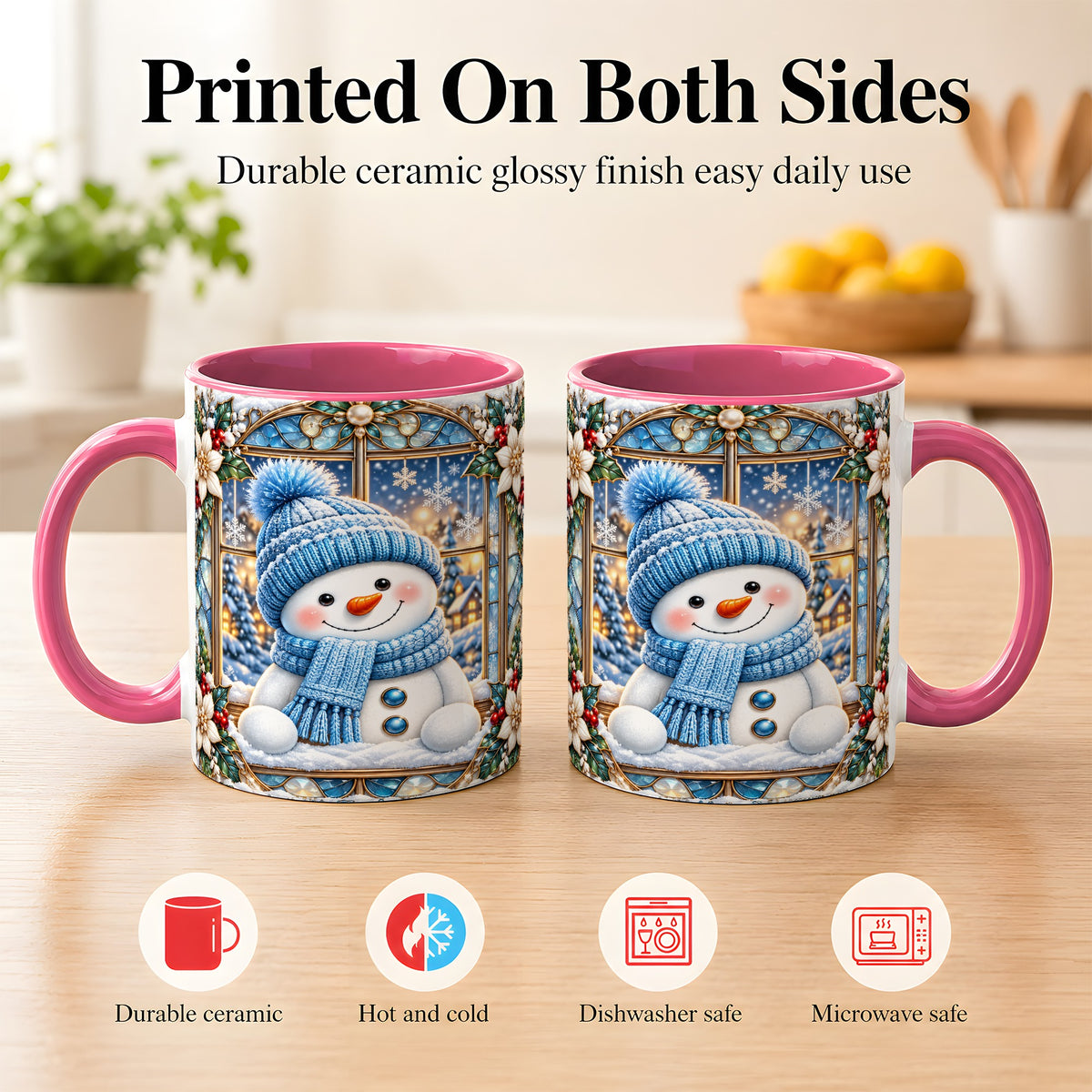 #pl[11oz|Pink] Blue Snowman Coffee Mug, Winter Holiday Mug, Ceramic Cup