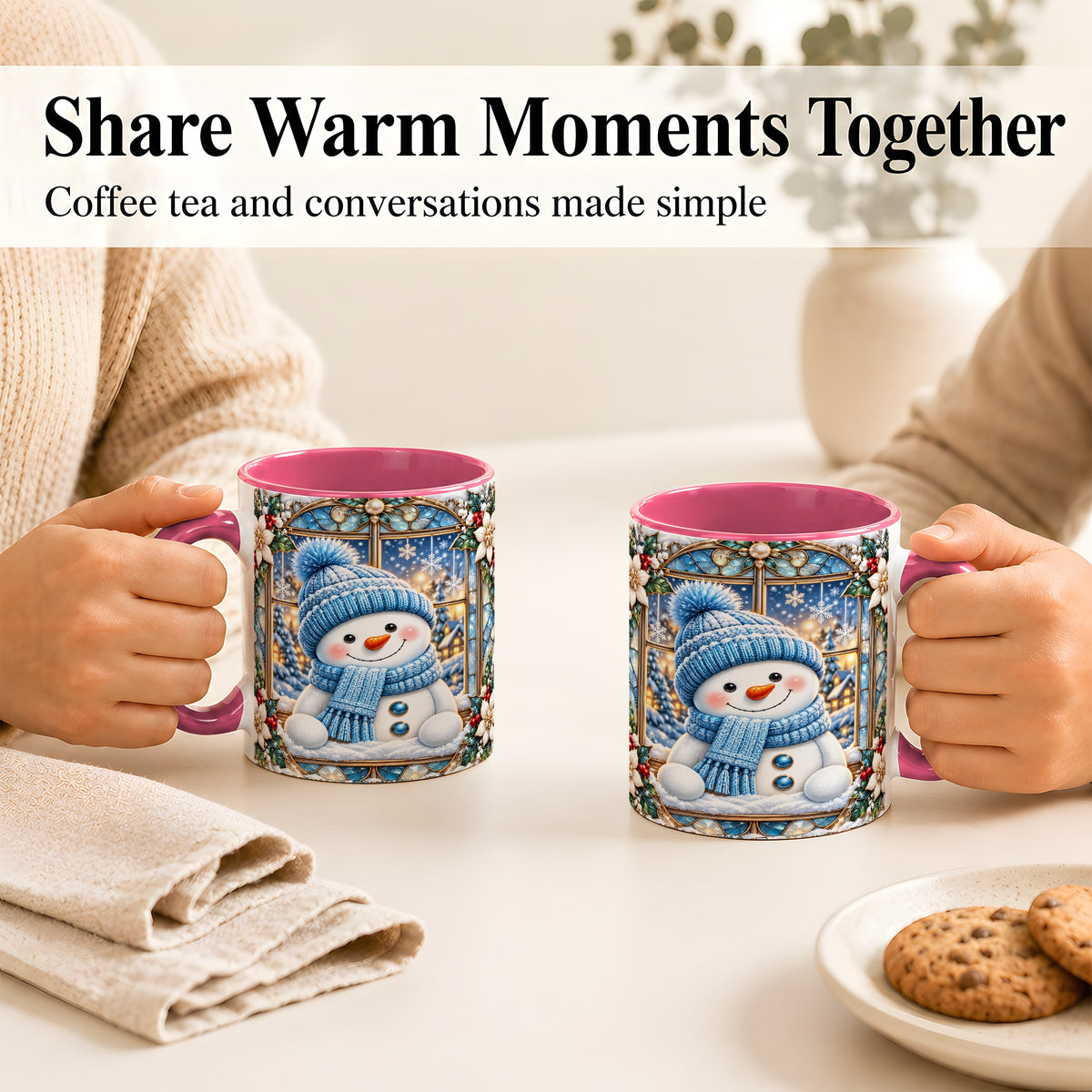 #pl[11oz|Pink] Blue Snowman Coffee Mug, Winter Holiday Mug, Ceramic Cup