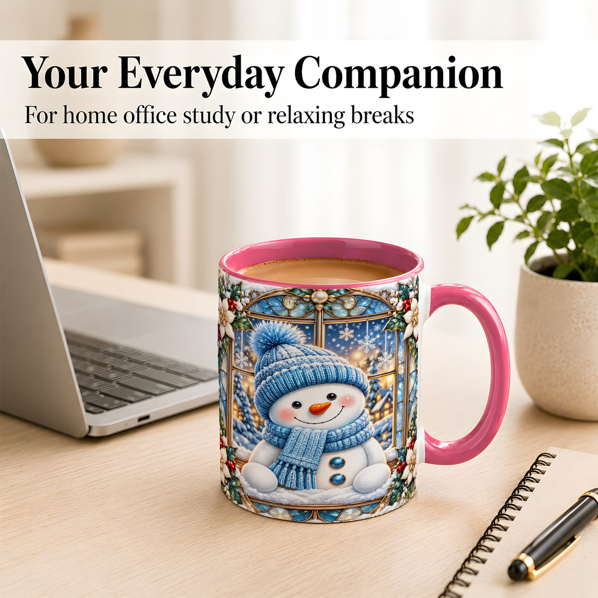 #pl[11oz|Pink] Blue Snowman Coffee Mug, Winter Holiday Mug, Ceramic Cup