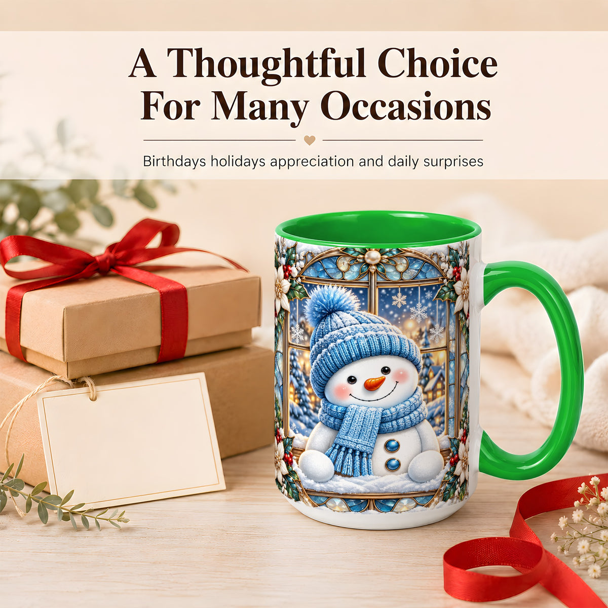#pl[15oz|Green] Blue Snowman Coffee Mug, Winter Holiday Mug, Ceramic Cup