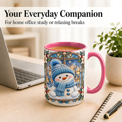 #pl[15oz|Pink] Blue Snowman Coffee Mug, Winter Holiday Mug, Ceramic Cup