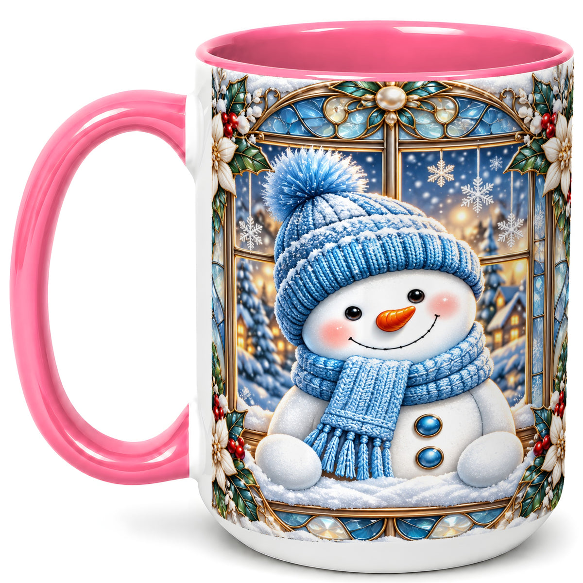 #pl[15oz|Pink] Blue Snowman Coffee Mug, Winter Holiday Mug, Ceramic Cup