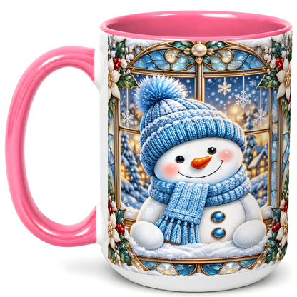 #pl[15oz|Pink] Blue Snowman Coffee Mug, Winter Holiday Mug, Ceramic Cup