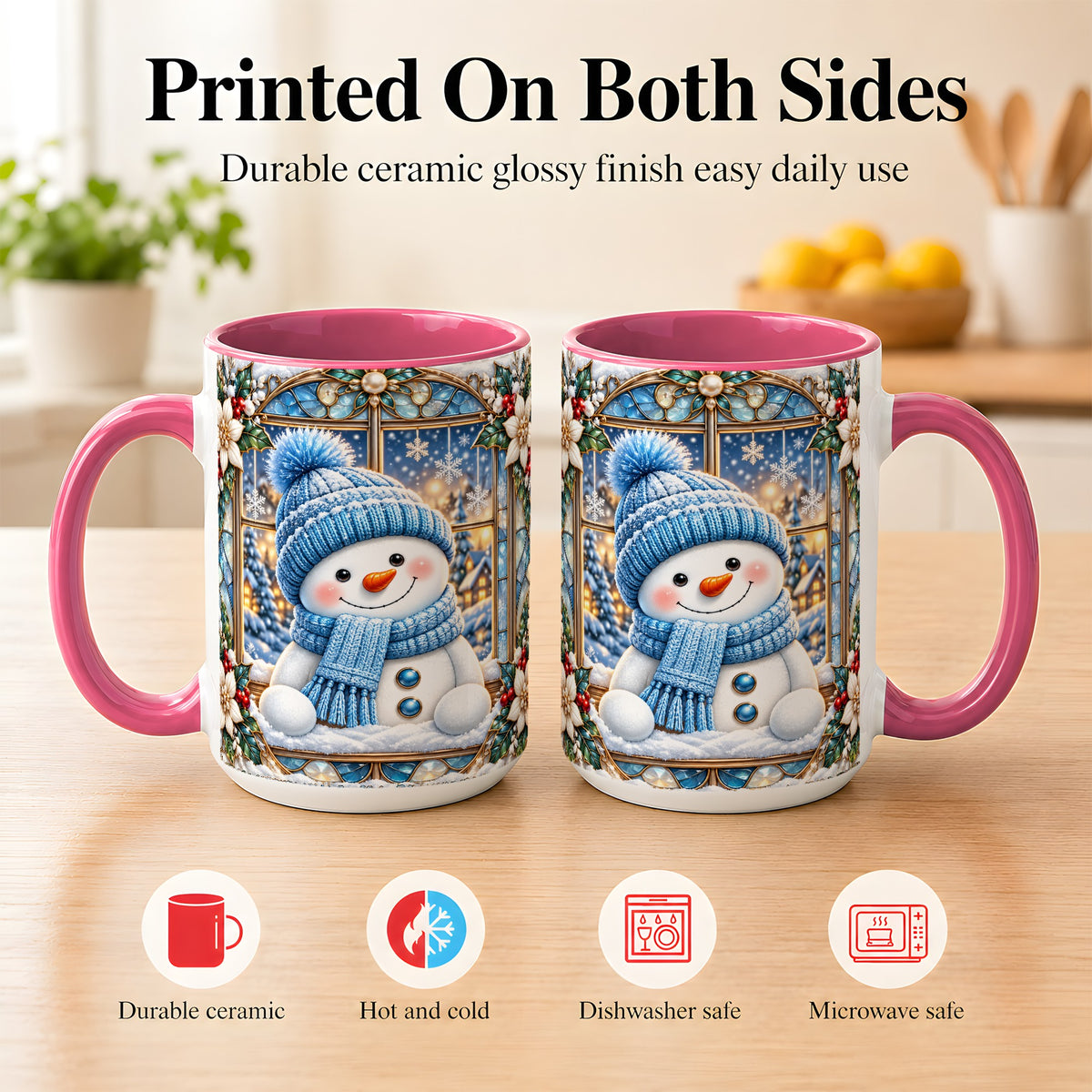 #pl[15oz|Pink] Blue Snowman Coffee Mug, Winter Holiday Mug, Ceramic Cup