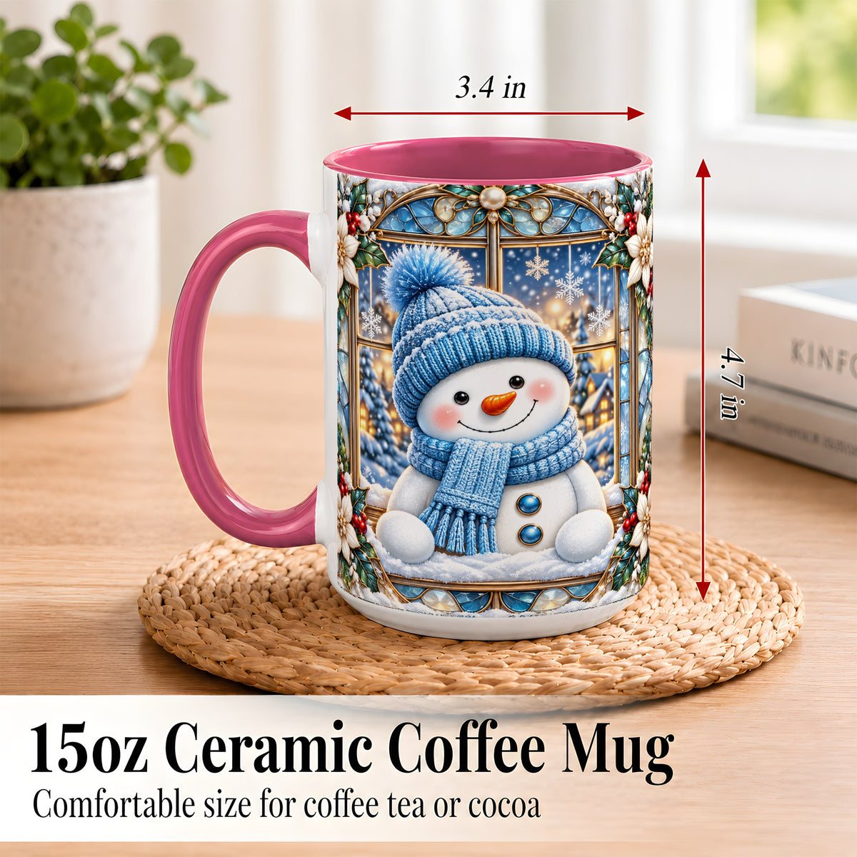 #pl[15oz|Pink] Blue Snowman Coffee Mug, Winter Holiday Mug, Ceramic Cup