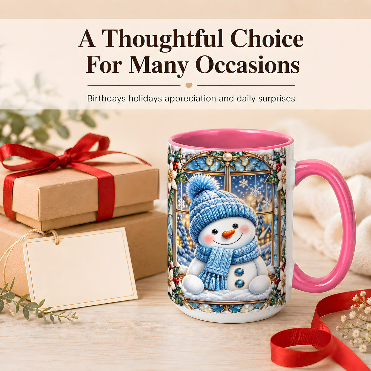 #pl[15oz|Pink] Blue Snowman Coffee Mug, Winter Holiday Mug, Ceramic Cup