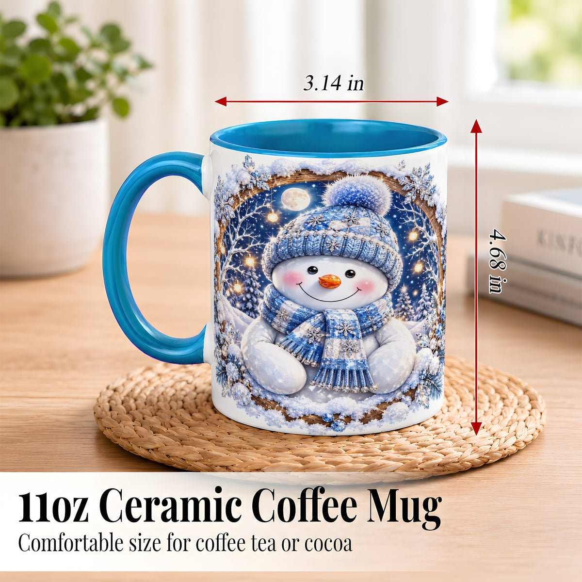 #pl[11oz|Blue] Crystal Snowman Coffee Mug, Snowy Winter Mug, Ceramic Cup