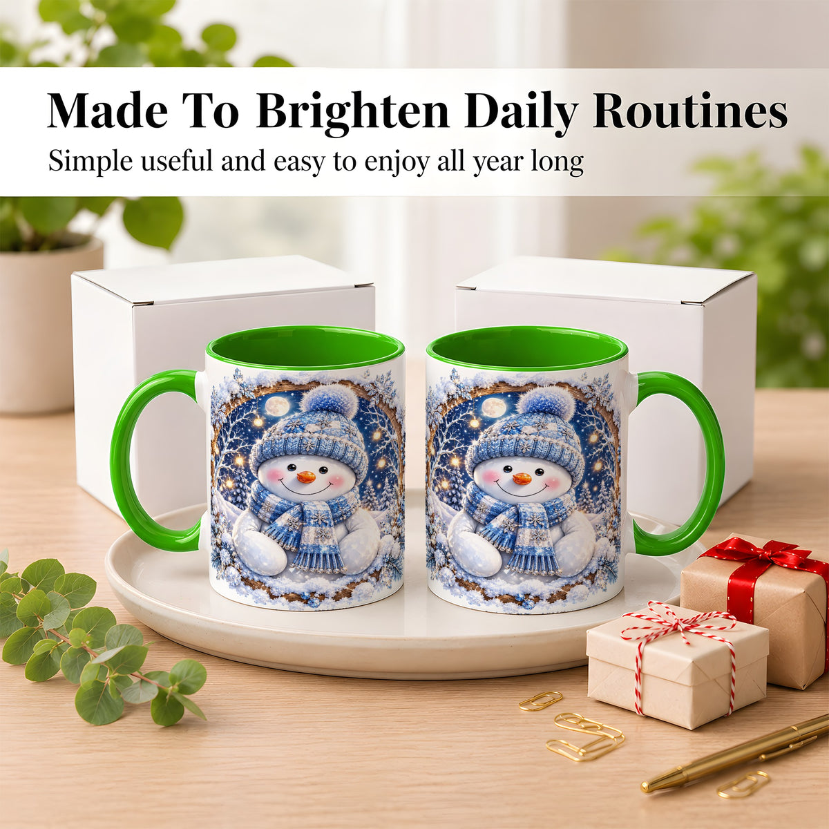 #pl[11oz|Green] Crystal Snowman Coffee Mug, Snowy Winter Mug, Ceramic Cup