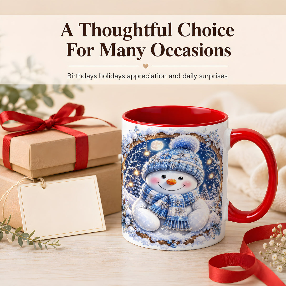 #pl[11oz|Red] Crystal Snowman Coffee Mug, Snowy Winter Mug, Ceramic Cup