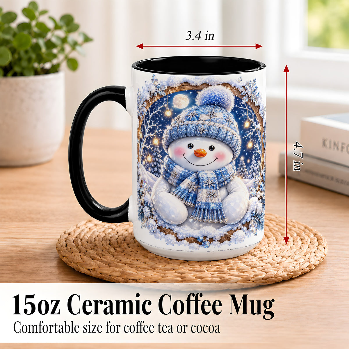 #pl[15oz|Black] Crystal Snowman Coffee Mug, Snowy Winter Mug, Ceramic Cup