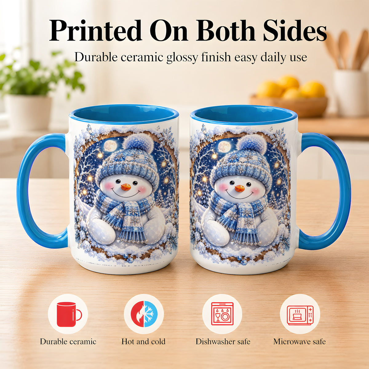 #pl[15oz|Blue] Crystal Snowman Coffee Mug, Snowy Winter Mug, Ceramic Cup