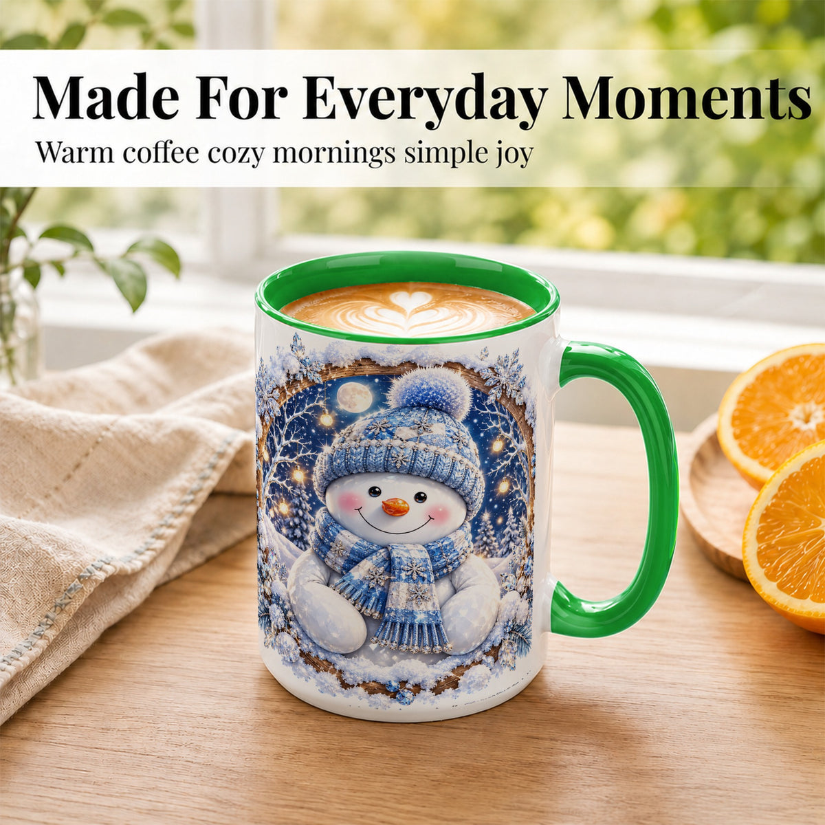 #pl[15oz|Green] Crystal Snowman Coffee Mug, Snowy Winter Mug, Ceramic Cup