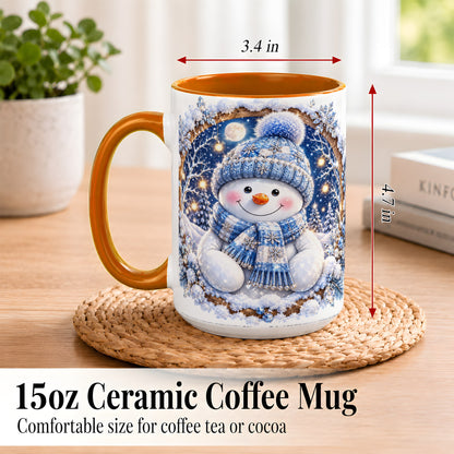 #pl[15oz|Orange] Crystal Snowman Coffee Mug, Snowy Winter Mug, Ceramic Cup