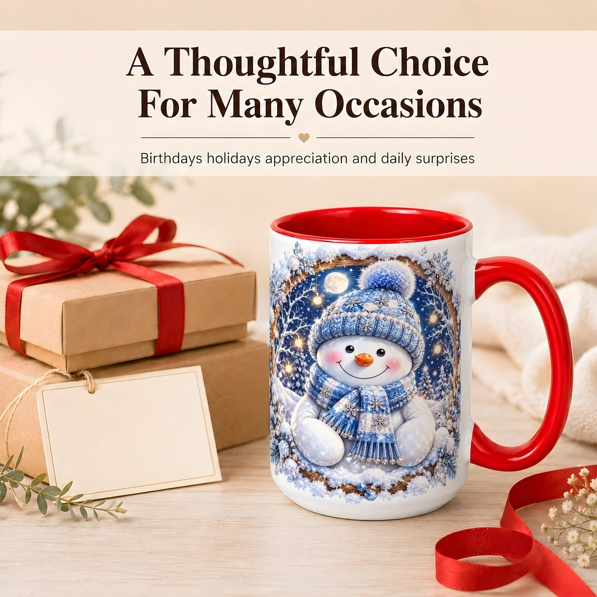 #pl[15oz|Red] Crystal Snowman Coffee Mug, Snowy Winter Mug, Ceramic Cup
