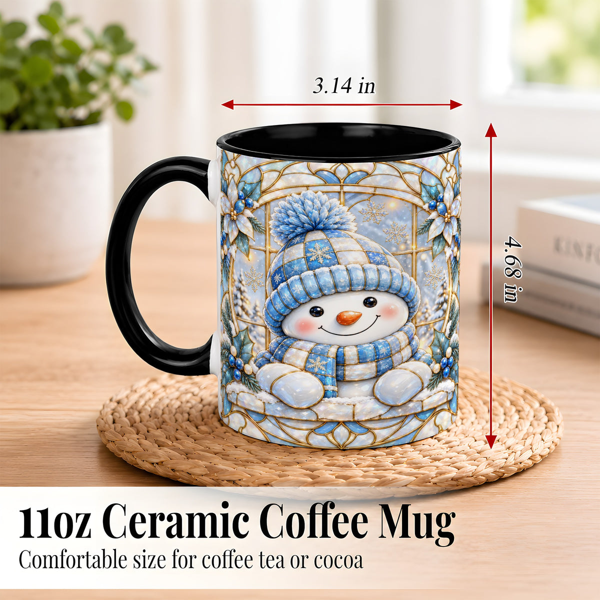 #pl[11oz|Black] Stained Glass Snowman Coffee Mug, Winter Floral Mug, Ceramic Cup
