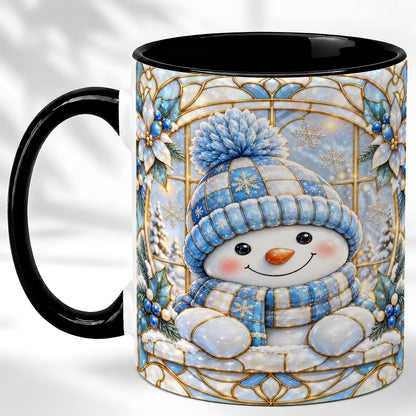 #pl[11oz|Black] Stained Glass Snowman Coffee Mug, Winter Floral Mug, Ceramic Cup