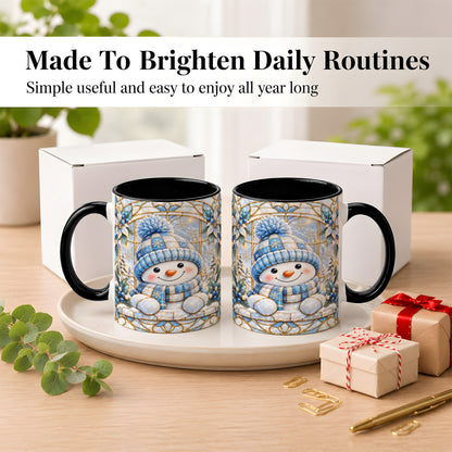 #pl[11oz|Black] Stained Glass Snowman Coffee Mug, Winter Floral Mug, Ceramic Cup