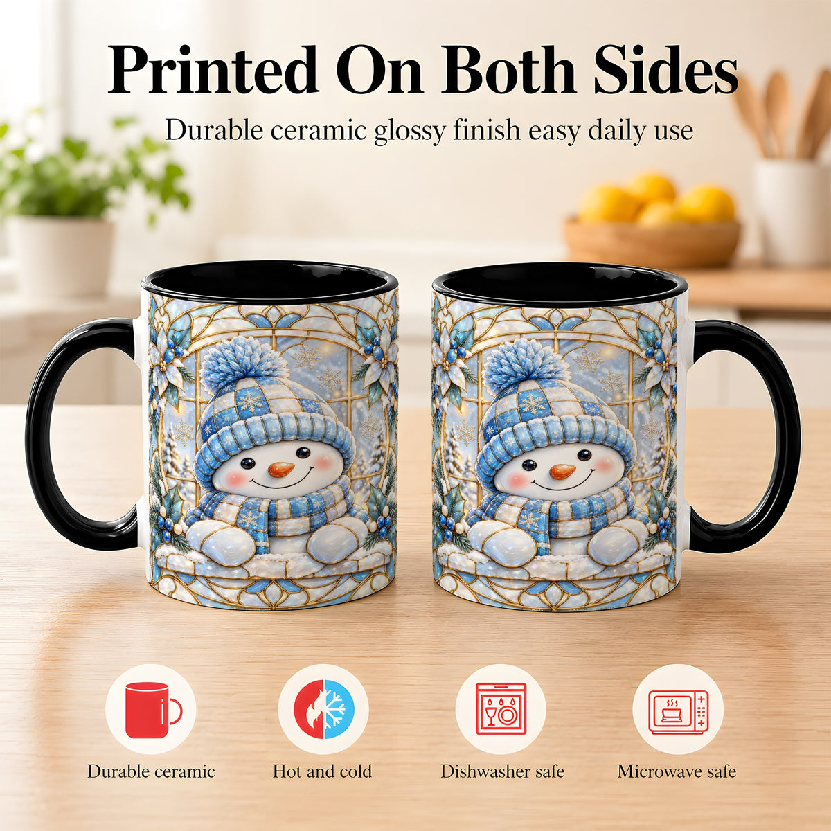 #pl[11oz|Black] Stained Glass Snowman Coffee Mug, Winter Floral Mug, Ceramic Cup