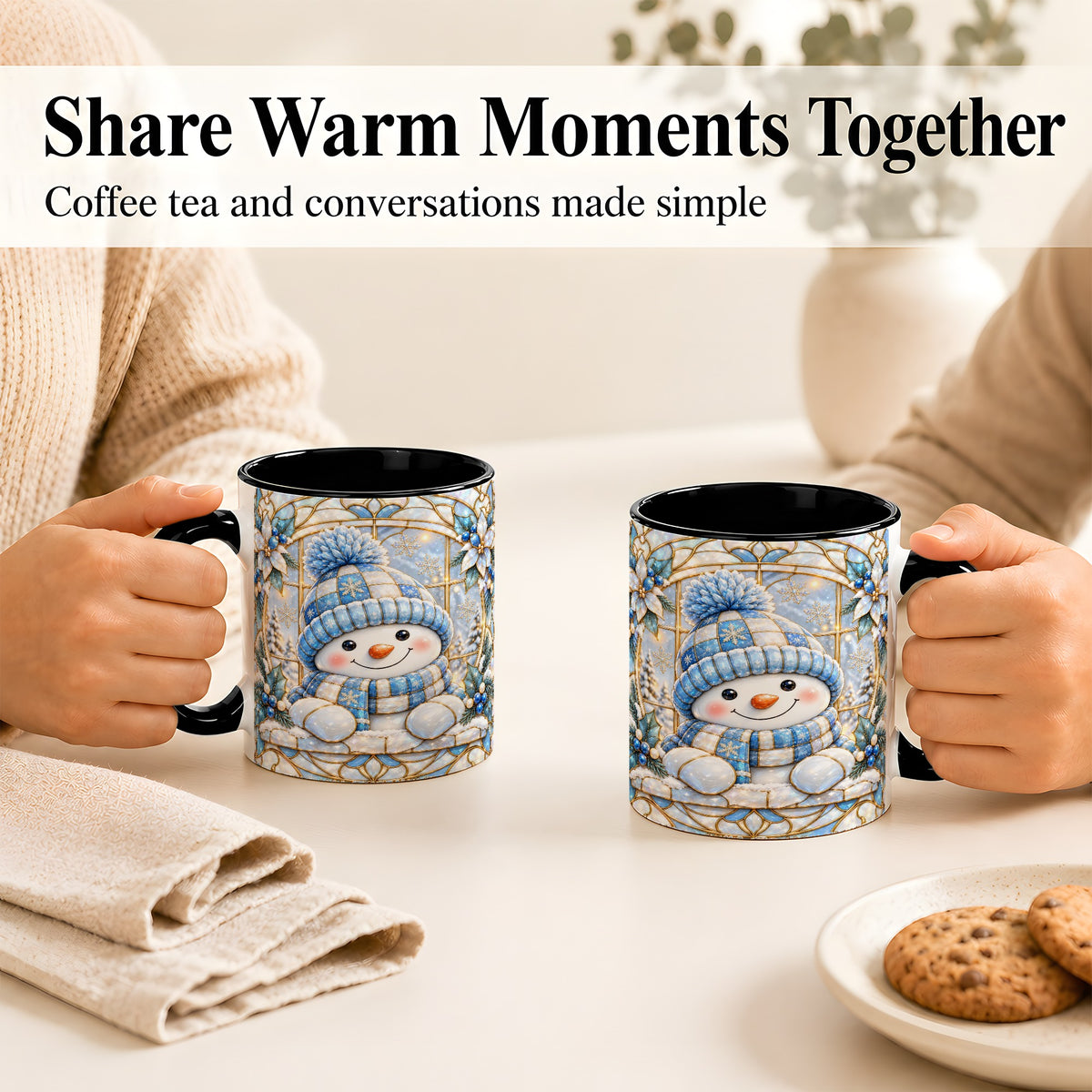#pl[11oz|Black] Stained Glass Snowman Coffee Mug, Winter Floral Mug, Ceramic Cup