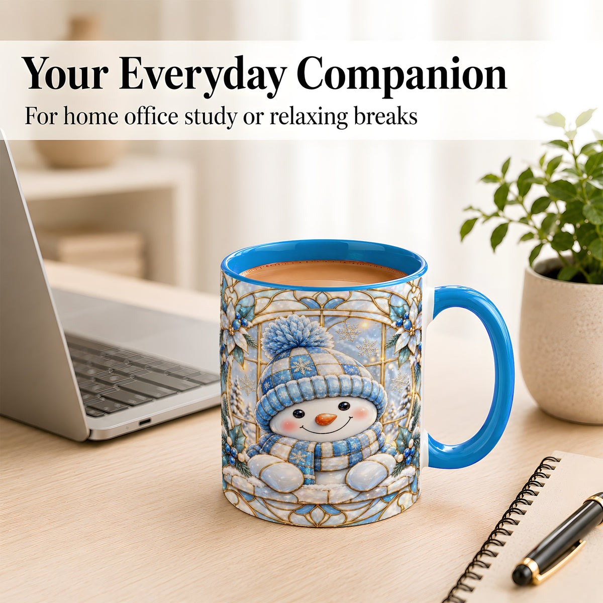 #pl[11oz|Blue] Stained Glass Snowman Coffee Mug, Winter Floral Mug, Ceramic Cup