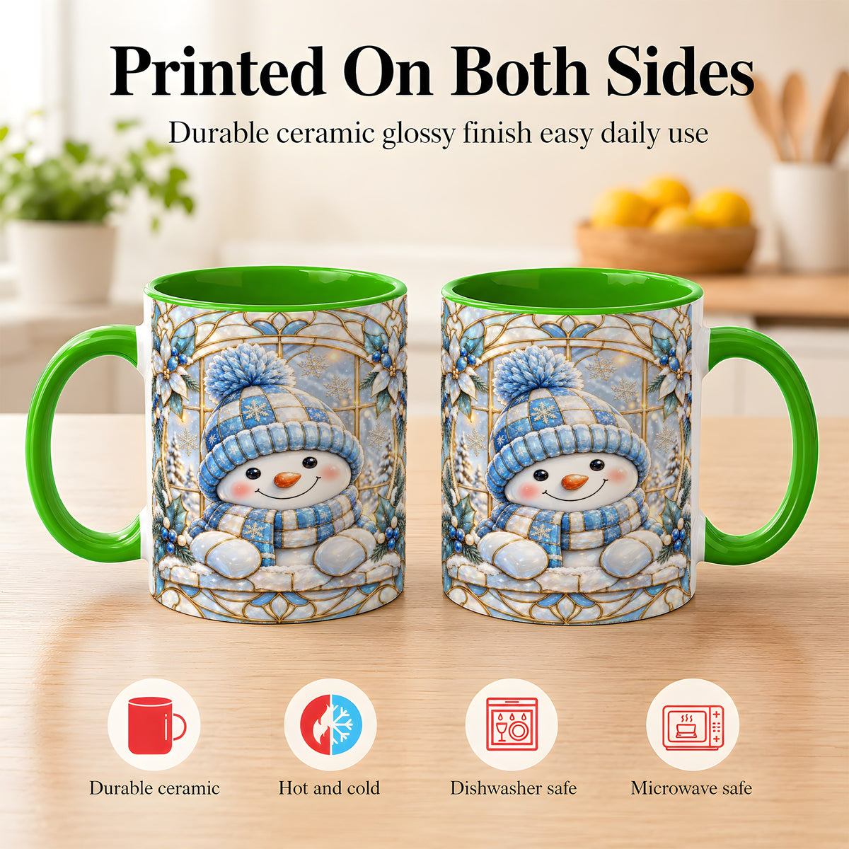 #pl[11oz|Green] Stained Glass Snowman Coffee Mug, Winter Floral Mug, Ceramic Cup