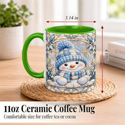 #pl[11oz|Green] Stained Glass Snowman Coffee Mug, Winter Floral Mug, Ceramic Cup