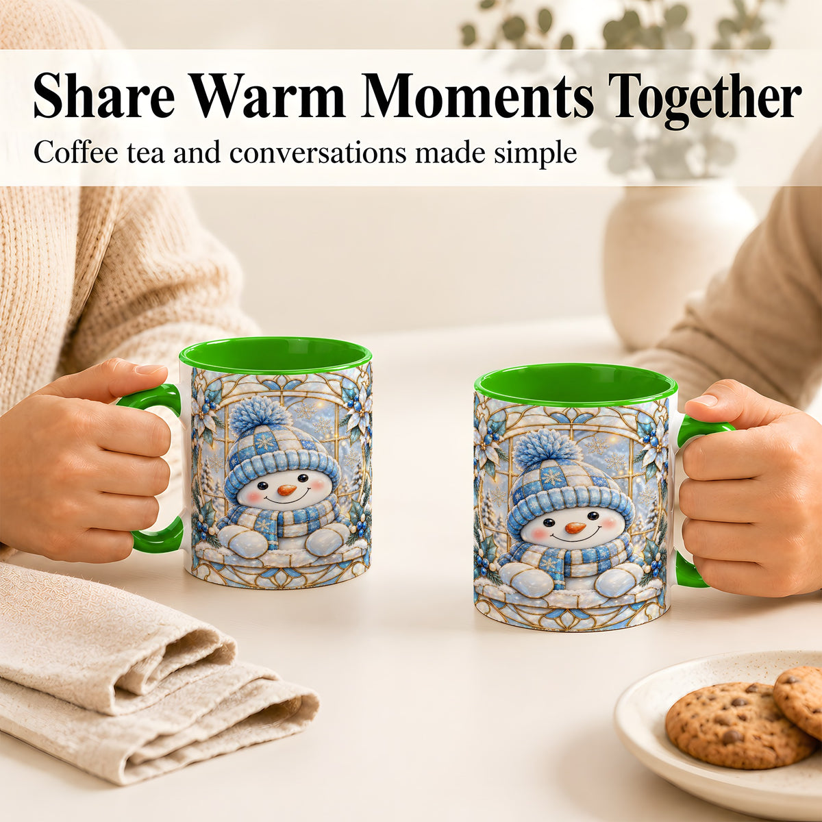 #pl[11oz|Green] Stained Glass Snowman Coffee Mug, Winter Floral Mug, Ceramic Cup