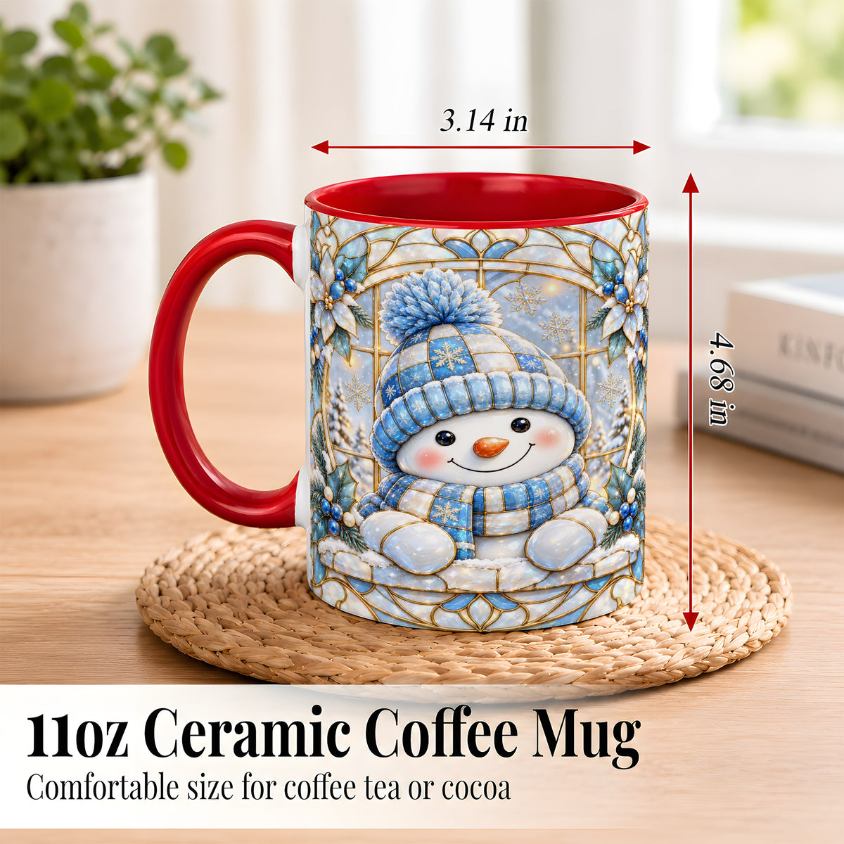 #pl[11oz|Red] Stained Glass Snowman Coffee Mug, Winter Floral Mug, Ceramic Cup