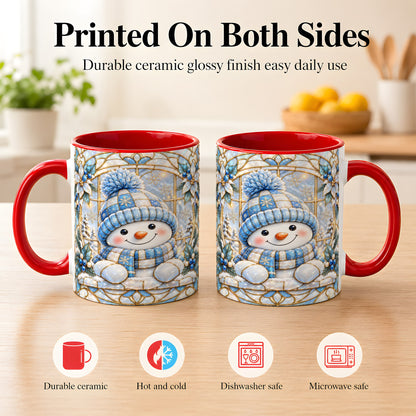 #pl[11oz|Red] Stained Glass Snowman Coffee Mug, Winter Floral Mug, Ceramic Cup