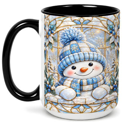 #pl[15oz|Black] Stained Glass Snowman Coffee Mug, Winter Floral Mug, Ceramic Cup