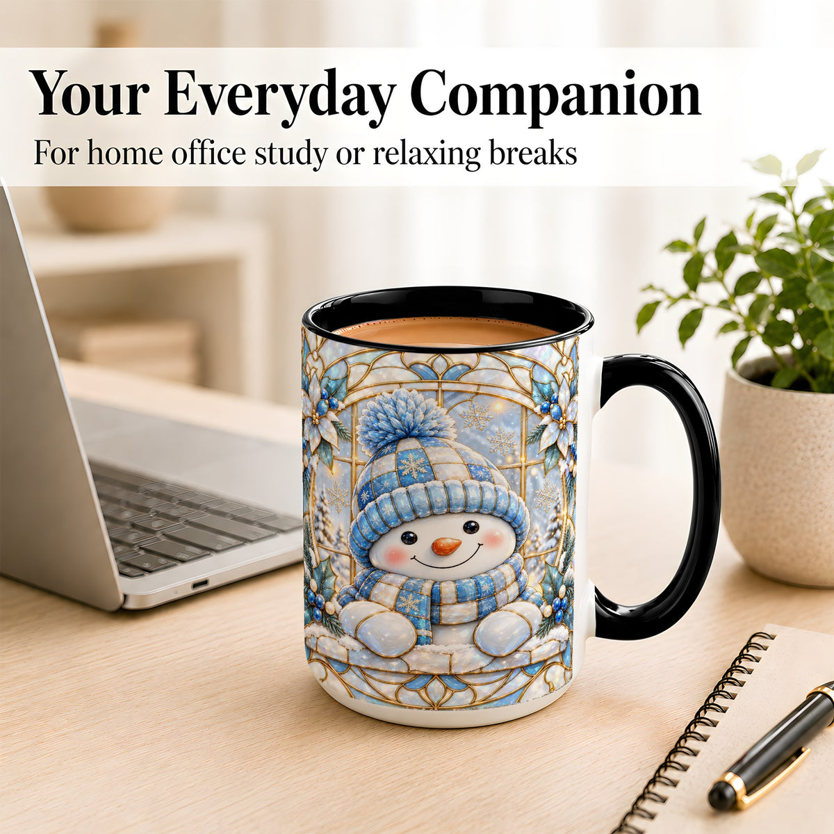 #pl[15oz|Black] Stained Glass Snowman Coffee Mug, Winter Floral Mug, Ceramic Cup