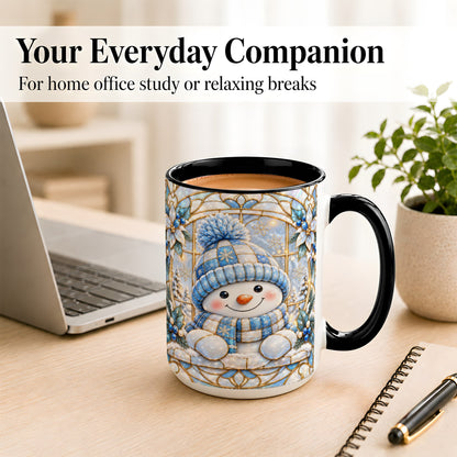 #pl[15oz|Black] Stained Glass Snowman Coffee Mug, Winter Floral Mug, Ceramic Cup