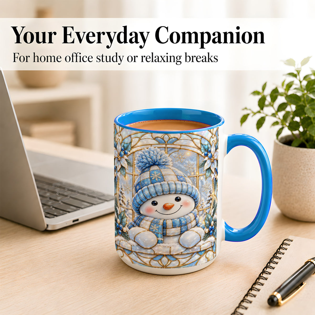 #pl[15oz|Blue] Stained Glass Snowman Coffee Mug, Winter Floral Mug, Ceramic Cup