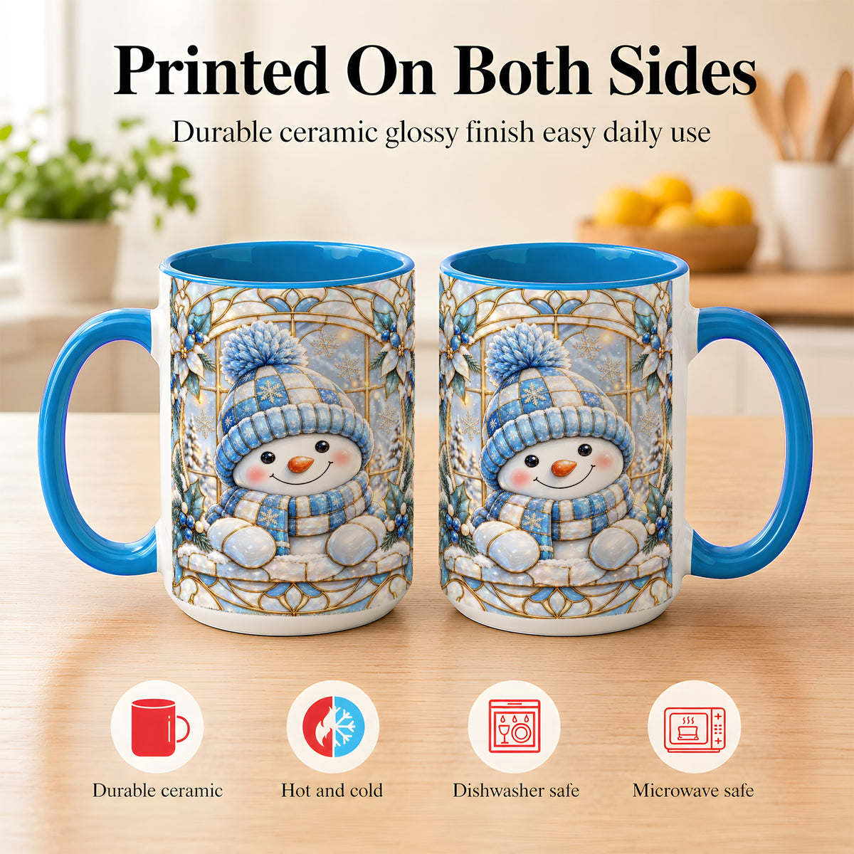 #pl[15oz|Blue] Stained Glass Snowman Coffee Mug, Winter Floral Mug, Ceramic Cup