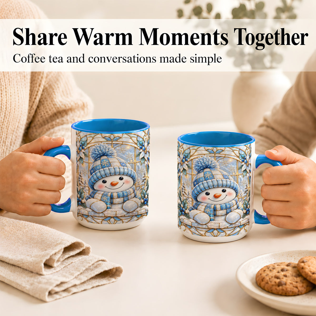 #pl[15oz|Blue] Stained Glass Snowman Coffee Mug, Winter Floral Mug, Ceramic Cup