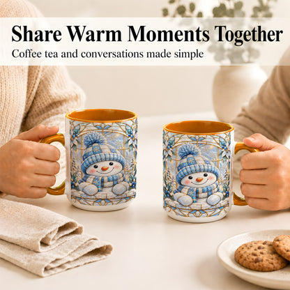 #pl[15oz|Orange] Stained Glass Snowman Coffee Mug, Winter Floral Mug, Ceramic Cup