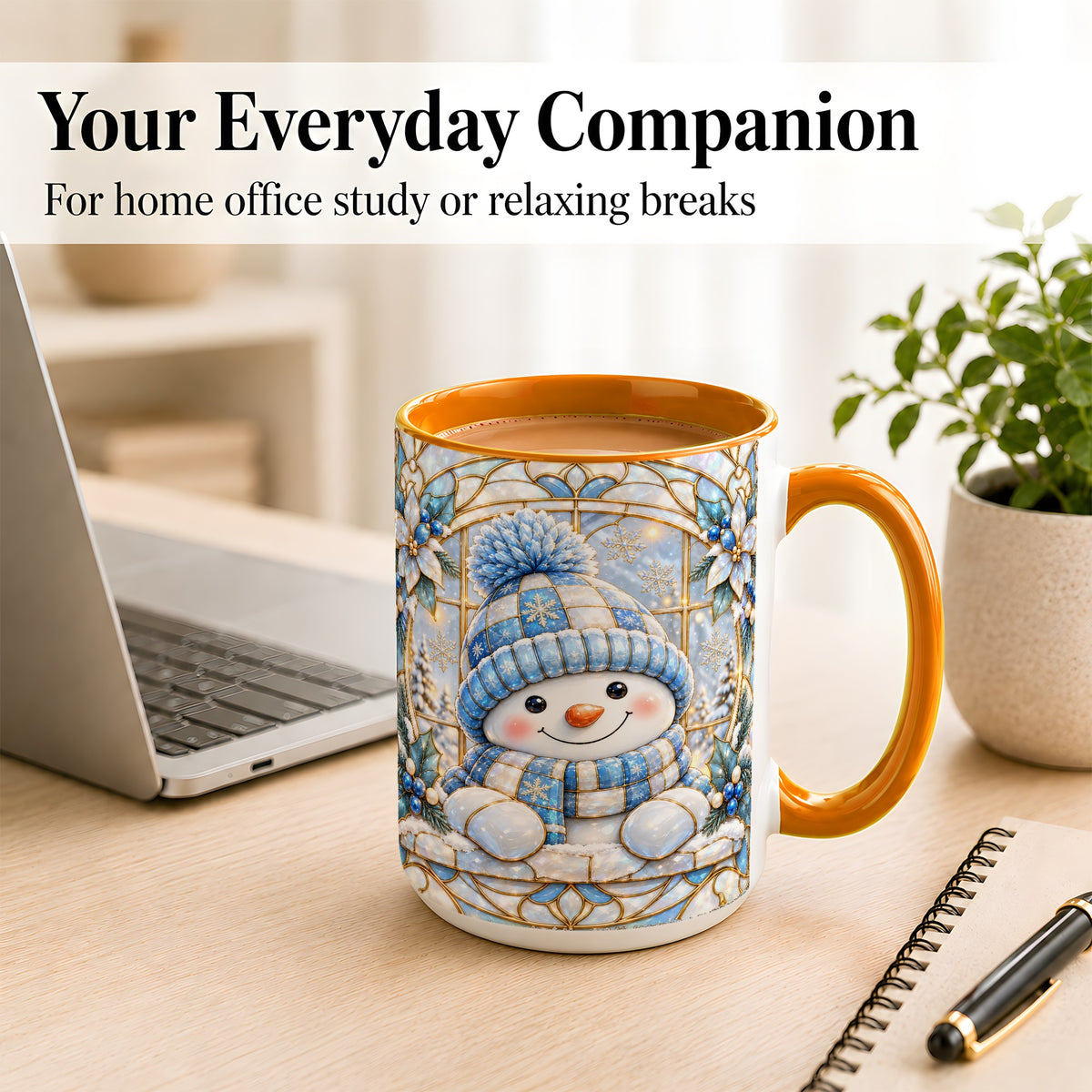 #pl[15oz|Orange] Stained Glass Snowman Coffee Mug, Winter Floral Mug, Ceramic Cup