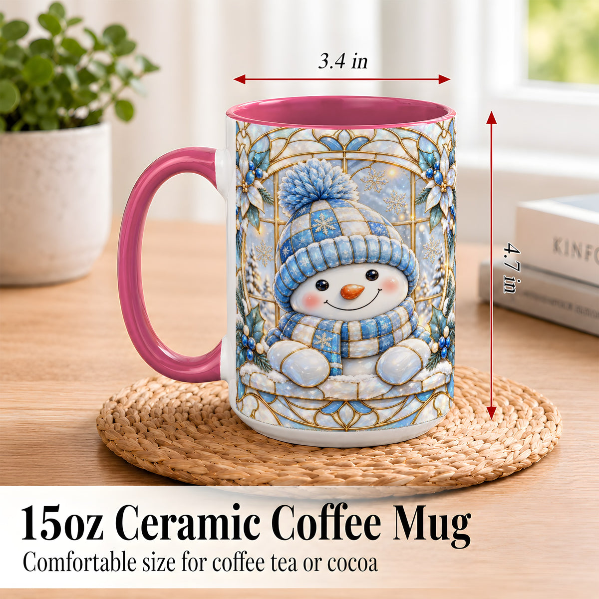 #pl[15oz|Pink] Stained Glass Snowman Coffee Mug, Winter Floral Mug, Ceramic Cup