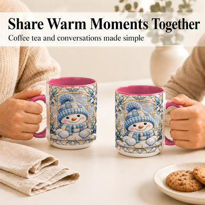 #pl[15oz|Pink] Stained Glass Snowman Coffee Mug, Winter Floral Mug, Ceramic Cup