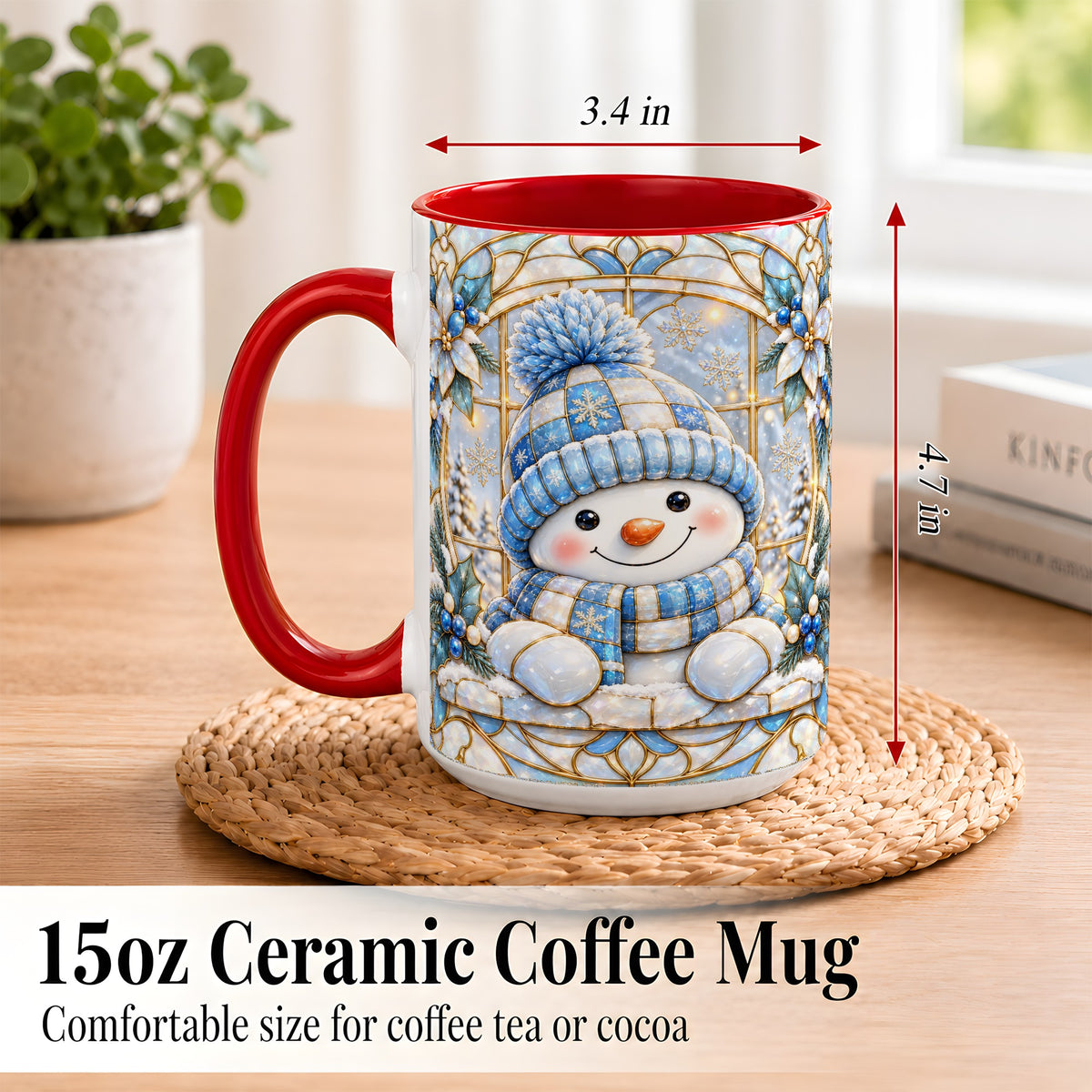 #pl[15oz|Red] Stained Glass Snowman Coffee Mug, Winter Floral Mug, Ceramic Cup