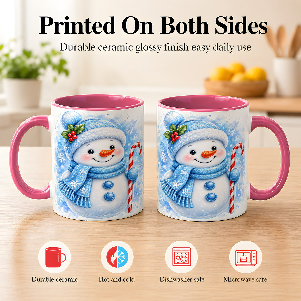 #pl[11oz|Pink] Blue Snowman Coffee Mug, Winter Snowman Mug, Ceramic Cup