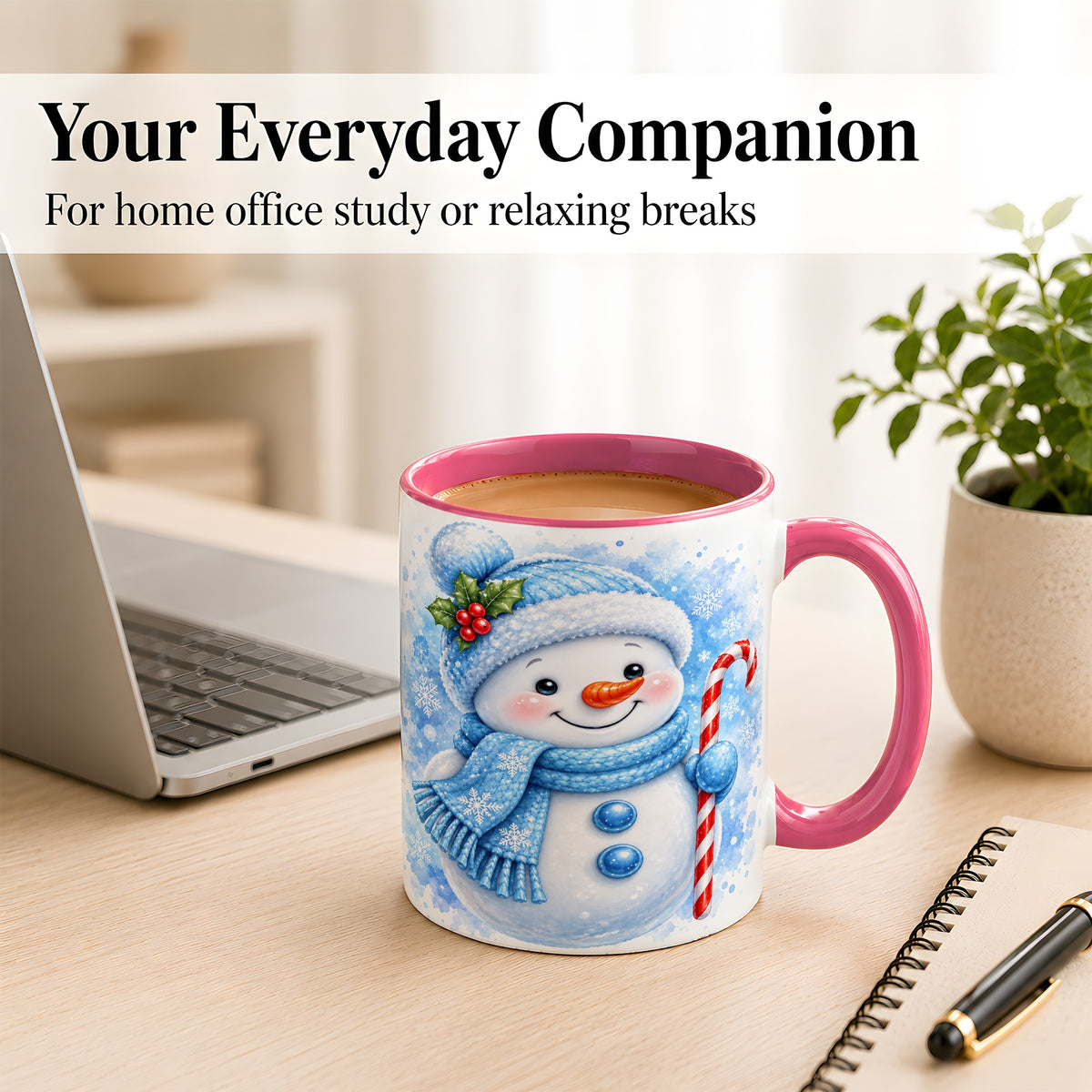 #pl[11oz|Pink] Blue Snowman Coffee Mug, Winter Snowman Mug, Ceramic Cup