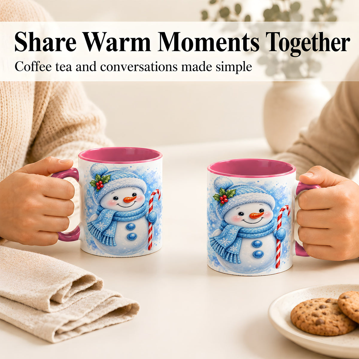 #pl[11oz|Pink] Blue Snowman Coffee Mug, Winter Snowman Mug, Ceramic Cup